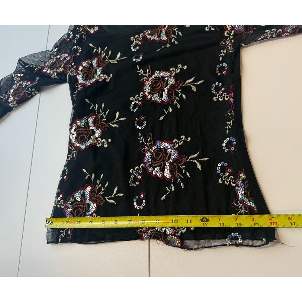 Y2K Wrapper Embroidered Sequin Mesh Top Sz L Black Fairy Grunge Whimsygoth - Picture 7 of 9